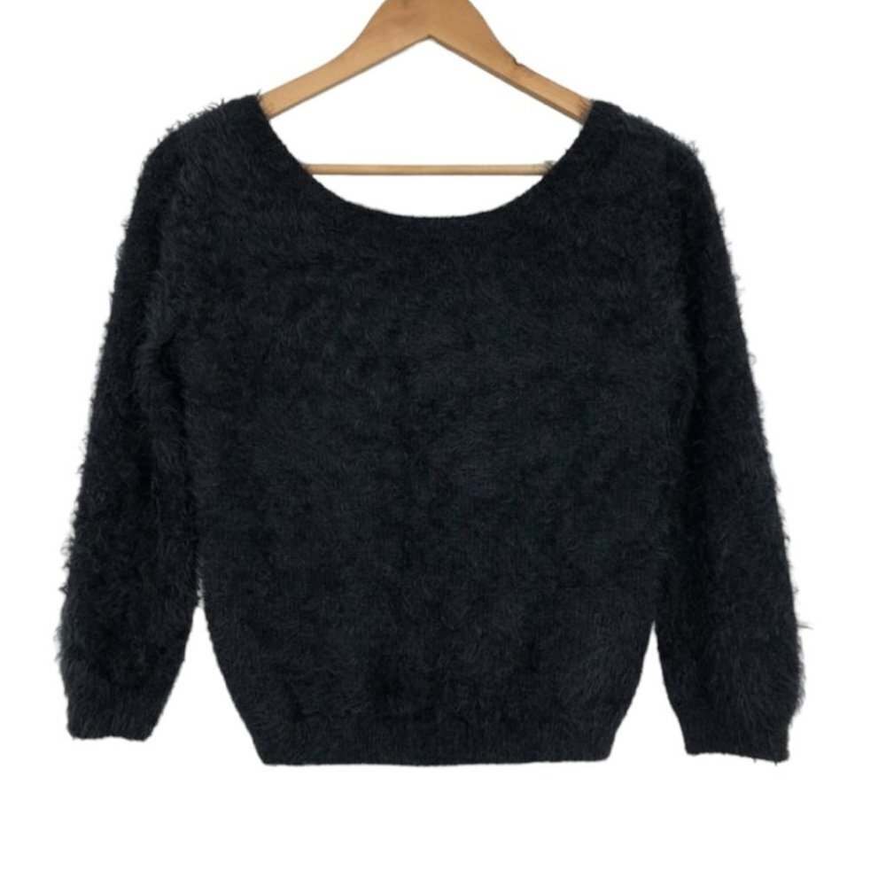 Monk & Lou Black  Eyelash Knit fuzzy soft sweater scoop or V neck 3/4 sleeve XS - Picture 2 of 15